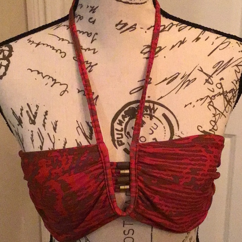 Mossimo Red gray print bikini swim top Sz M
